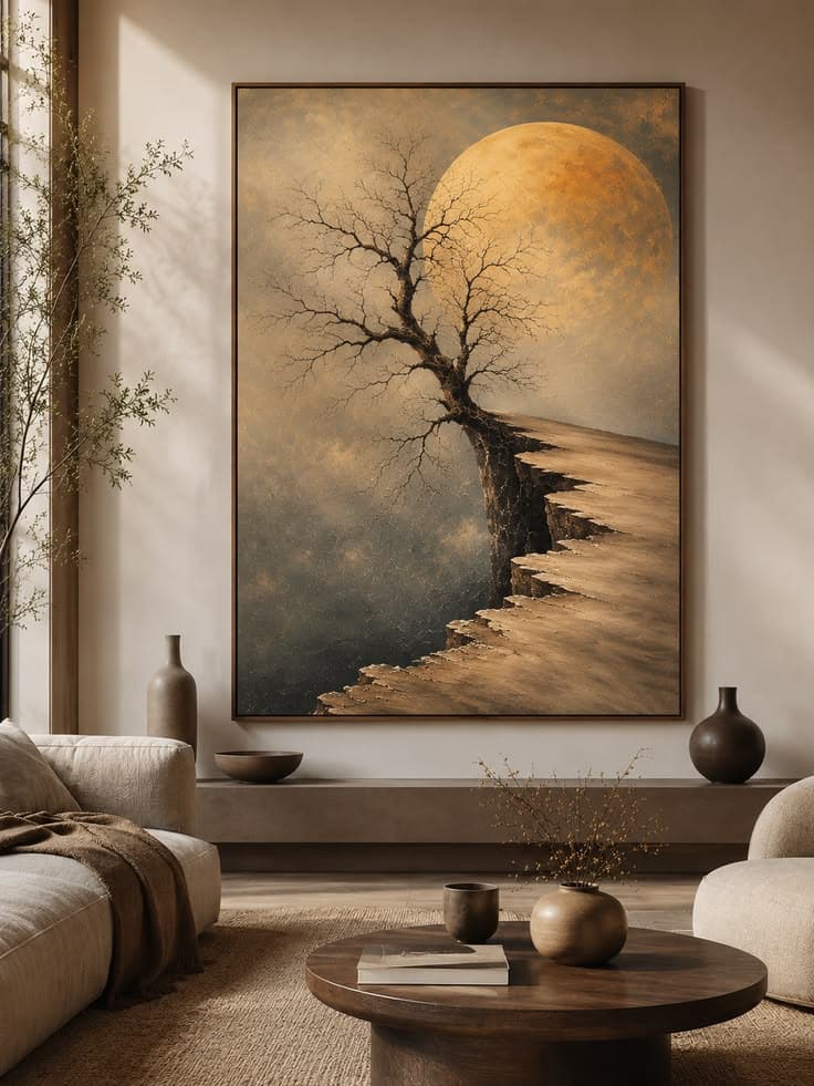 Japandi Neutral Decor | Minimalist Landscape Print for Modern Living Room
